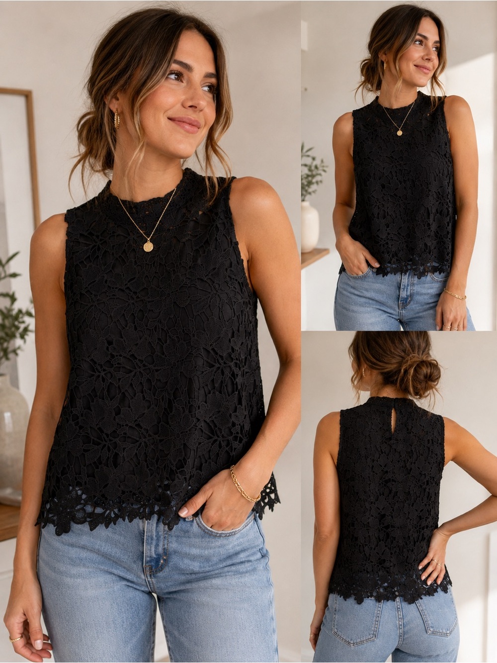 She + Sky Black Floral Lace crochet Sleeveless tank top NWT women’s M - Picture 2 of 4